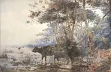 Bœufs à la lisière de la forêt, campagne de Rome by Leopoldo Mariotti, Aquarelle signée et située "Roma" en bas à gauche, sold May 2020