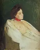 Modèle au foulard rouge by Jules Pollet, Toile marouflée sur isorel signée en bas à droite, sold Apr 2020