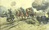 Ravitaillement d'artillerie, la route repérée by Georges Louis Charles Busson, 1918, Aquarelle, encre et crayon graphite sur papier signé et daté en bas à droite, sold Apr 2020