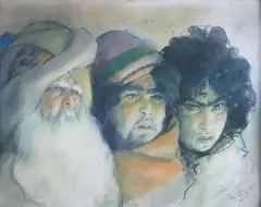 Trois hommes juifs de face by Abel Pfeffermann Pann, Pastel signé en bas à droite, sold Mar 2020