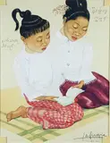 Jeunes birmanes lisant by Léa Lafugie, Aquarelle et gouache signée en bas à droite, sold Mar 2020