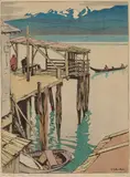 Jim King's Wharf, Alert Bay, B.C. by Walter J. Phillips, colour woodcut on paper, sold May 2024