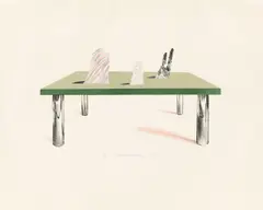 Glass table with objects by David Hockney, 1969, Farblithographie auf Rives-Velin, sold Nov 2015
