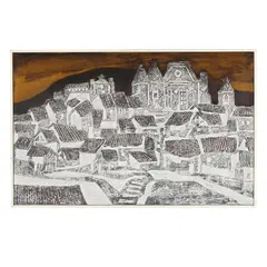 Village Landscape by Aníbal Villacís, Mixed media on panel, sold Jan 2026