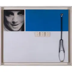 Visage + 3 interrupteurs et stéthoscope by Peter Klasen, 1969, Acrylique, interrupteurs, et stéthoscope sur toile, sold Nov 2020