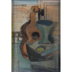 Nature morte à la guitare et au citron by Louis Marcoussis, 1913, Huile et crayon sur papier marouflé sur carton, sold May 2020