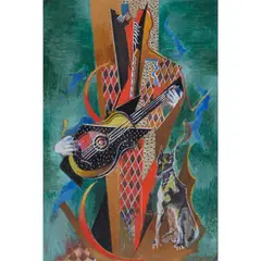 L'homme à la guitare et au chien by Serge Férat, Huile et gouache sur carton, sold May 2020