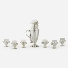 Rooster cocktail service by Wallace Brothers, c. 1928, silver-plated metal, glass, sold Mar 2023