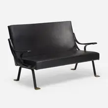 Rare Digamma Settee by Ignazio Gardella, 1957, enameled steel, original vinyl upholstery, brass, sold Mar 2023