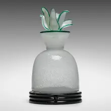 Rare table lamp, model 9003 by Napoleone Martinuzzi, c. 1929, pulegoso glass with green transparent glass applications, enameled aluminum, sold Mar 2023