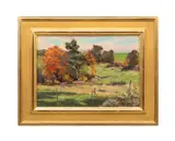 Fall on the Farm" - second half 20th century by Bernard Corey, oil on canvas board, sold Oct 2025