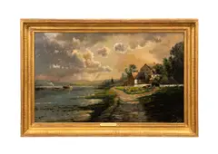 Untitled - Cottage Landscape on the Shore - 1896 by Edmund Darch Lewis, oil on canvas, sold Oct 2025