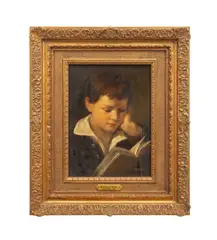 Untitled - Portrait of a Young Boy Reading - second half 19th century by Rudolf Epp, oil on board, sold Oct 2025