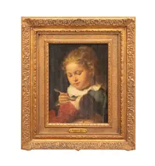 Untitled - Portrait of a Young Girl Feeding a Doll - second half 19th century by Rudolf Epp, oil on board, sold Oct 2025