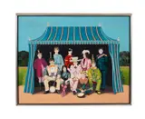 Untitled - Figures Under a Tent by Anthony Southcombe, oil on board, sold Oct 2025