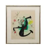 La Demoiselle a Bascule" (Young Lady Rocking) - circa 1969 by Joan Miró, etching with aquatint, sold Oct 2025