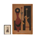 Untitled - Haniwa Clay Pots - circa 1954 by Kiyoshi Saitō, woodblock on paper laid to cardboard, sold Oct 2025