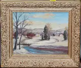 Snowy Landscape with farmhouses by Paul A. Bloser, oil on panel, sold Sep 2022