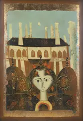 Untitled by Mersad Berber, Woodcut "Pocitelj" color woodcut with gold foil on paper, sold Aug 2023
