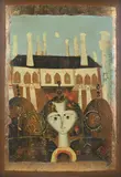 Untitled by Mersad Berber, Woodcut "Pocitelj" color woodcut with gold foil on paper, sold Aug 2023