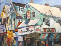 painting  "Louie's Pizza" depicting the famous pizza shop in Rehoboth Beach by Marilyn Bauman, oil on canvas, sold Aug 2023