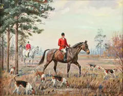 painting "Hounds Casting by Pamela Edwards, oil on canvas board, sold Sep 2023