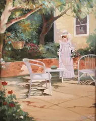 painting "Woman on Patio" in the Impressionist style by Lugano Candi, oil on canvas, sold Sep 2023