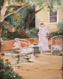 painting "Woman on Patio" in the Impressionist style by Lugano Candi, oil on canvas, sold Sep 2023