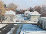 landscape with buildings by Chris Nissen, oil on panel, sold Sep 2023