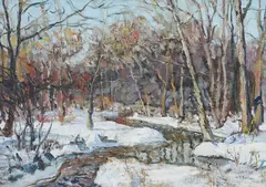 painting "The Perkiomen" depicting a snow covered landscape by Walter Baum, oil on canvas, sold Sep 2023