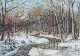 painting "The Perkiomen" depicting a snow covered landscape by Walter Baum, oil on canvas, sold Sep 2023
