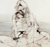 painting "Mother and Child by Gino Hollander, mixed media on paper, sold Sep 2023