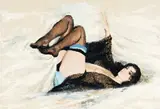 Pin-up illustration painting depicting a female nude by Mark Miller, gouache on illustration board, sold Sep 2023
