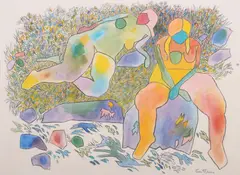 painting "Resting Nudes by Gregorio Prestopino, watercolor and pencil, sold Sep 2023