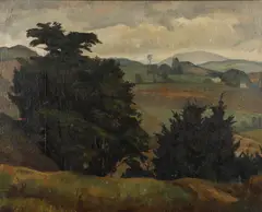 painting "Vermont Hills by Luigi Lucioni, oil on wood panel, sold Sep 2023