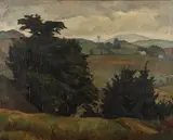 painting "Vermont Hills by Luigi Lucioni, oil on wood panel, sold Sep 2023