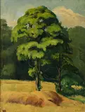 painting landscape with tree by Luigi Lucioni, oil on board, sold Sep 2023