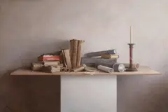 Libros antiguos y palmatoria II, 2002 by Guillermo Muñoz Vera, oil and alkyd on canvas laid on to board, sold Nov 2024