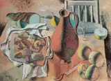 Still Life with Bread and Fruit, 1946 by Jean Dallaire, gouache on paper laid down on card, sold May 2025