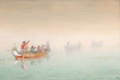 Canoes in a Fog, Lake Superior, 1864 by Frances Anne Hopkins, watercolour on paper on pressed paper board, sold May 2025