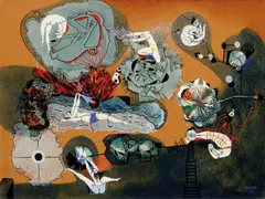 Au soleil noir, 1958 by Alfred Pellan, oil and silica on board, sold Nov 2025