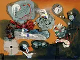 Au soleil noir, 1958 by Alfred Pellan, oil and silica on board, sold Nov 2025