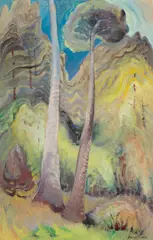 Tree Boles in September, 1939 by Emily Carr, oil on paper laid on board, sold Nov 2025