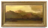 coastal landscape with mountains by Félix Resurrección Hidalgo, oil on board, sold Jan 2024
