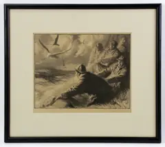 fishermen hauling nets by Gordon Grant, etching, sold Feb 2024