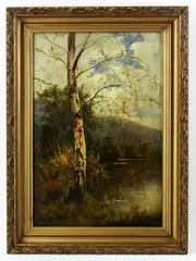 landscape by Edward Mitchell Bannister, oil on canvas, sold Mar 2024
