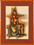 Mother and Child Fetching Water by Hargreaves Ntukwana, ink over watercolour on paper, sold Oct 2022