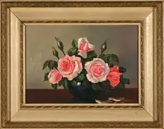 Still Life with Roses by T. Scotty, oil on board, sold Oct 2022