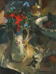 Still Life with Flowers in a Jug by Eben van der Merwe, oil on board, sold Oct 2022