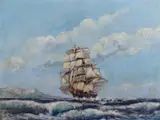 Depicting a masted ship at sea by G H Macarthy, oil on board, offered Apr 2023